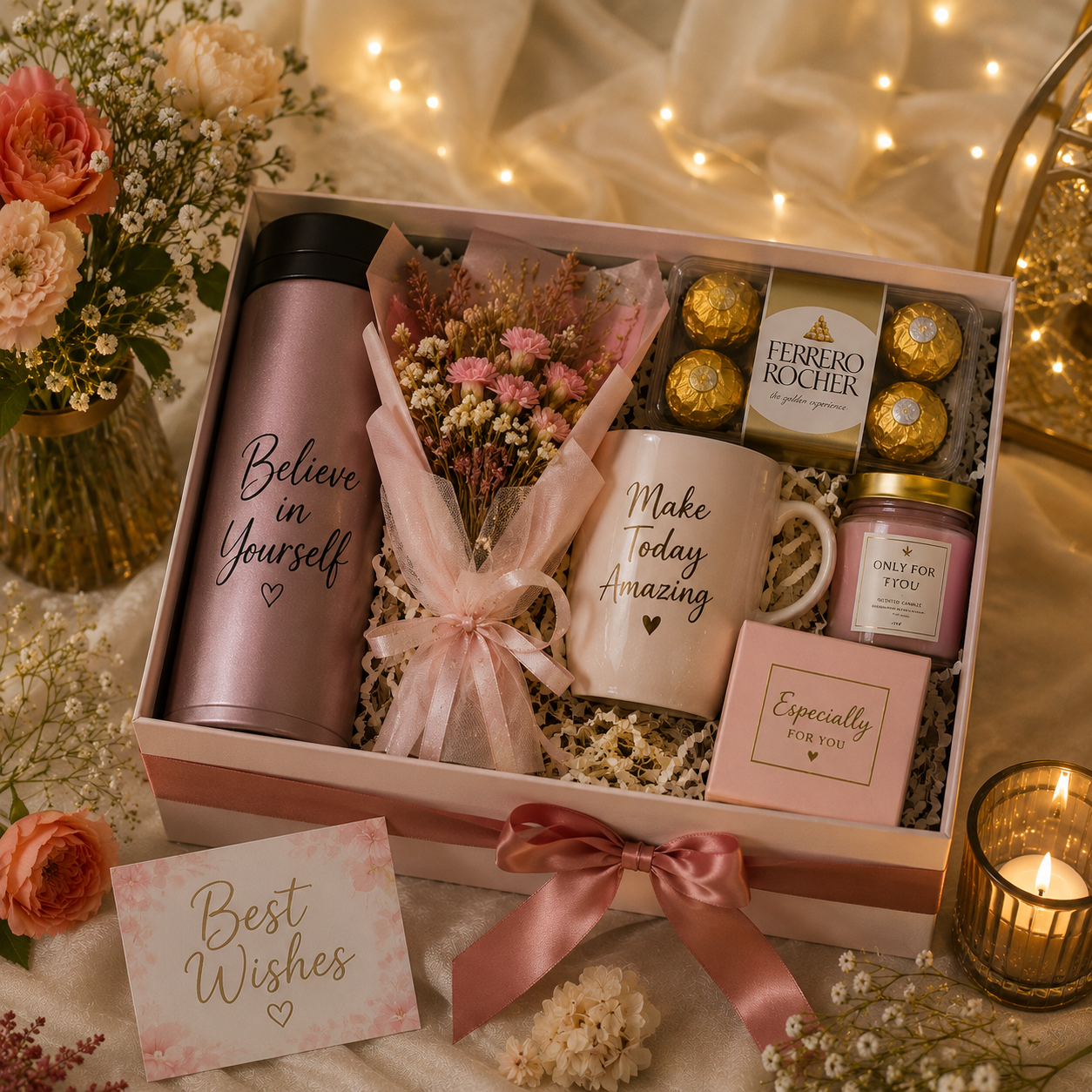 Luxury Pink Gift Hamper with Personalized Tumbler, Coffee Mug, Ferrero Rocher Chocolates, Scented Candle, Dried Flower Bouquet and Premium Gift Box